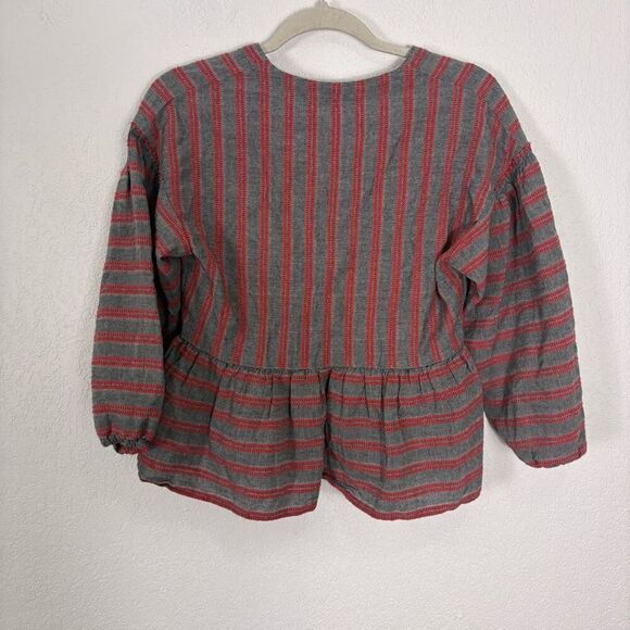 Madewell Grey with Red Striped V Neck 3/4 Sleeve V Neck Blouse Top Size Small - Picture 6 of 10